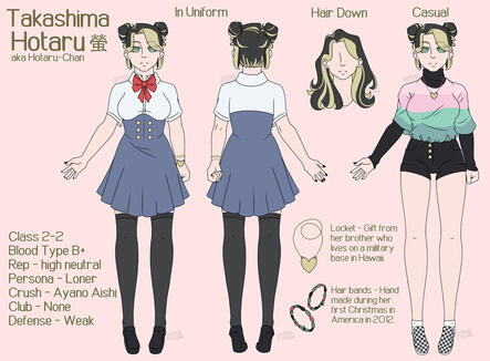 This is a reference sheet for my Yandere Sim OC (No, I do not support YandereDev)